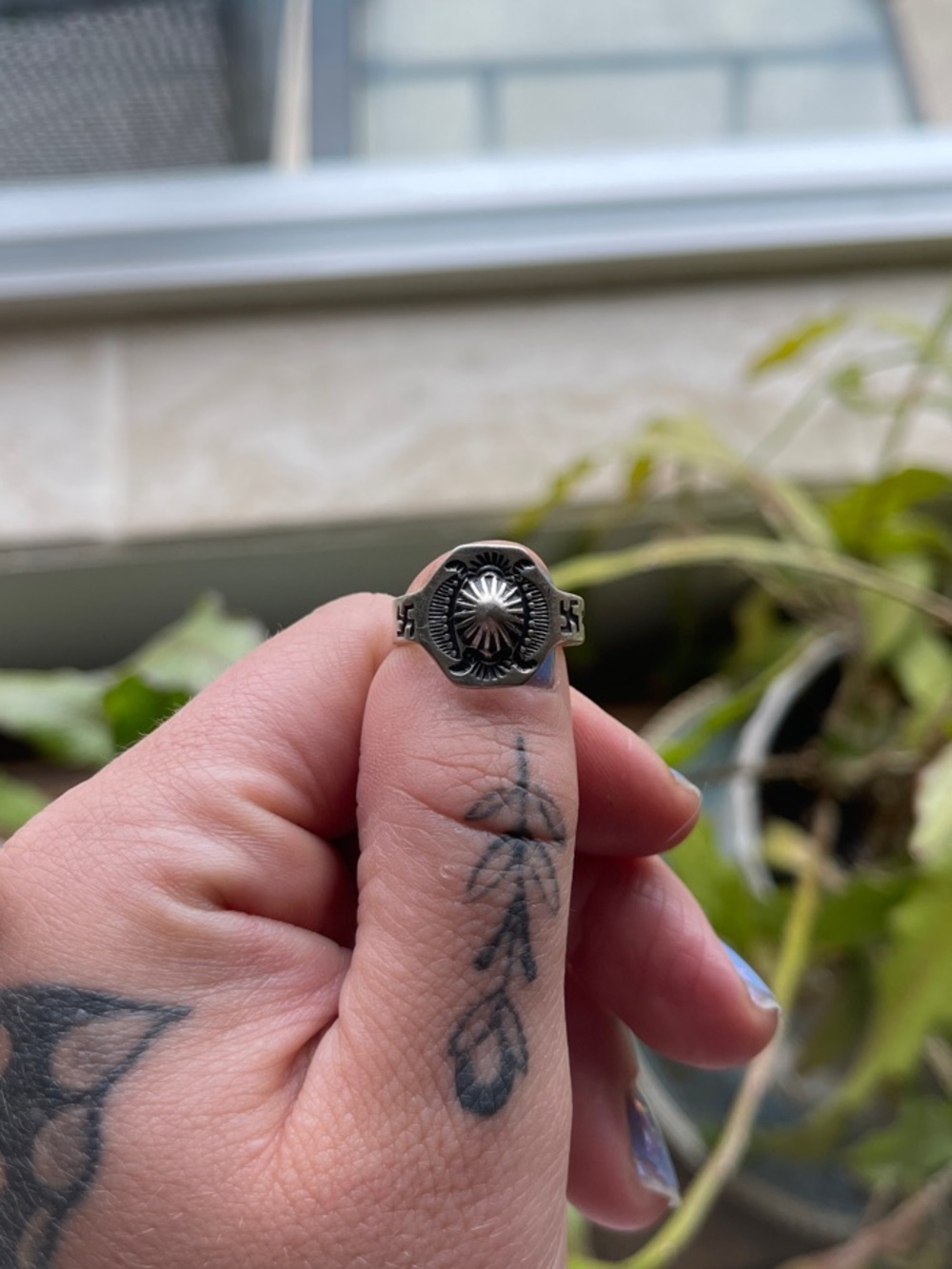 Vintage Navajo Sterling Silver Sunburst Arrow and Whirling Log Ring